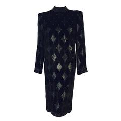 Vintage Bob Mackie Black Velvet Harlequin Long Sleeve Sheath