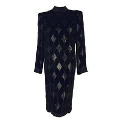 Retro Bob Mackie Black Velvet Harlequin Long Sleeve Sheath 