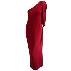 1970s Bill Blass Crimson Silk One Shoulder Evening Gown