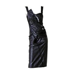 Rare 2000 Christian Dior by John Galliano Bondage Asymmetric Leather Dress 12