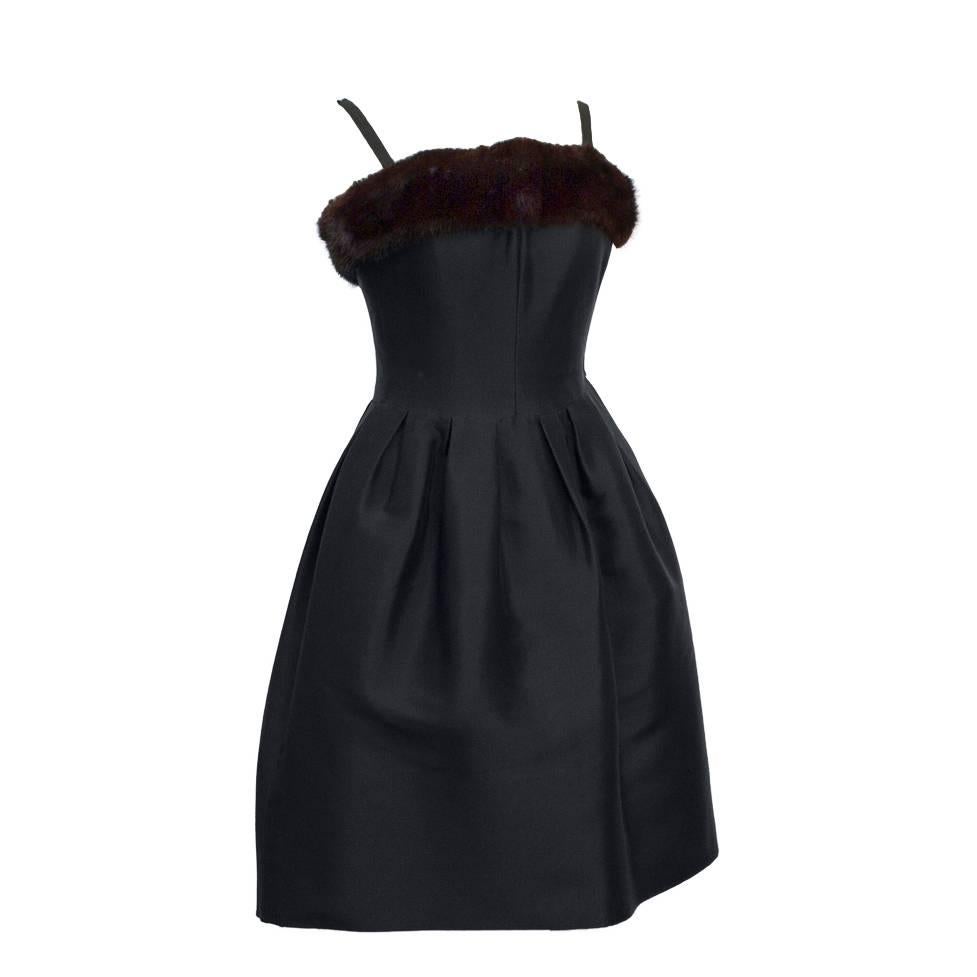 1960's Nina Ricci Black Couture Dress with Mink Trim For Sale