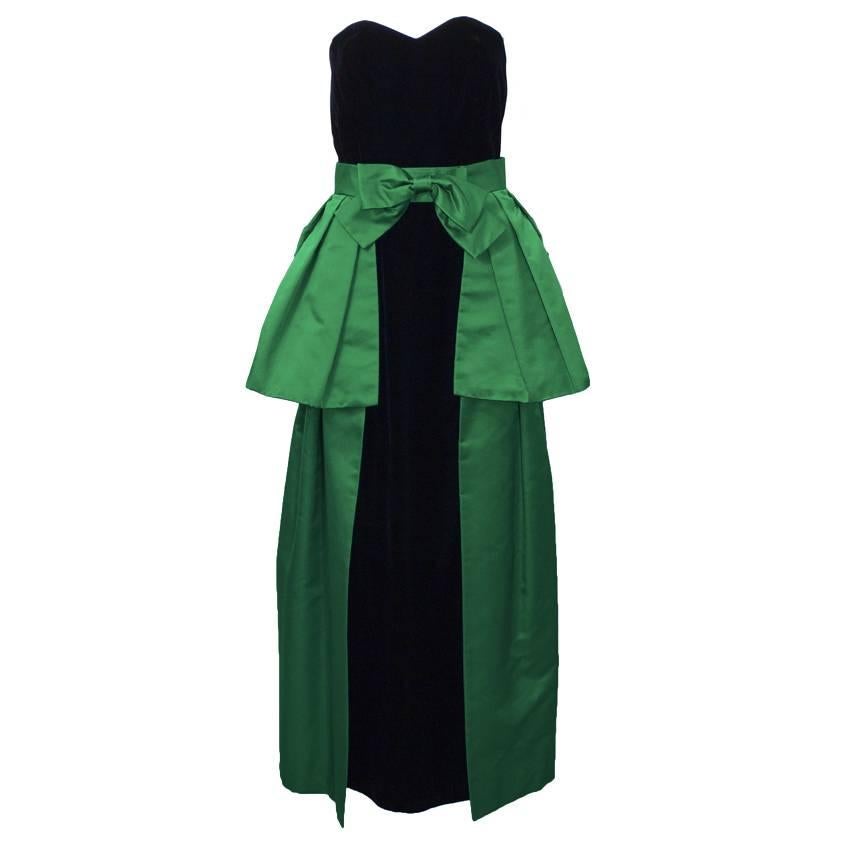 1980's Akira Black Velvet Column Gown with Green Peplum Wrap Skirt