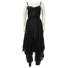 Vintage 1980's Yves Saint Laurent YSL Black Lace Dress with Hanky Hem