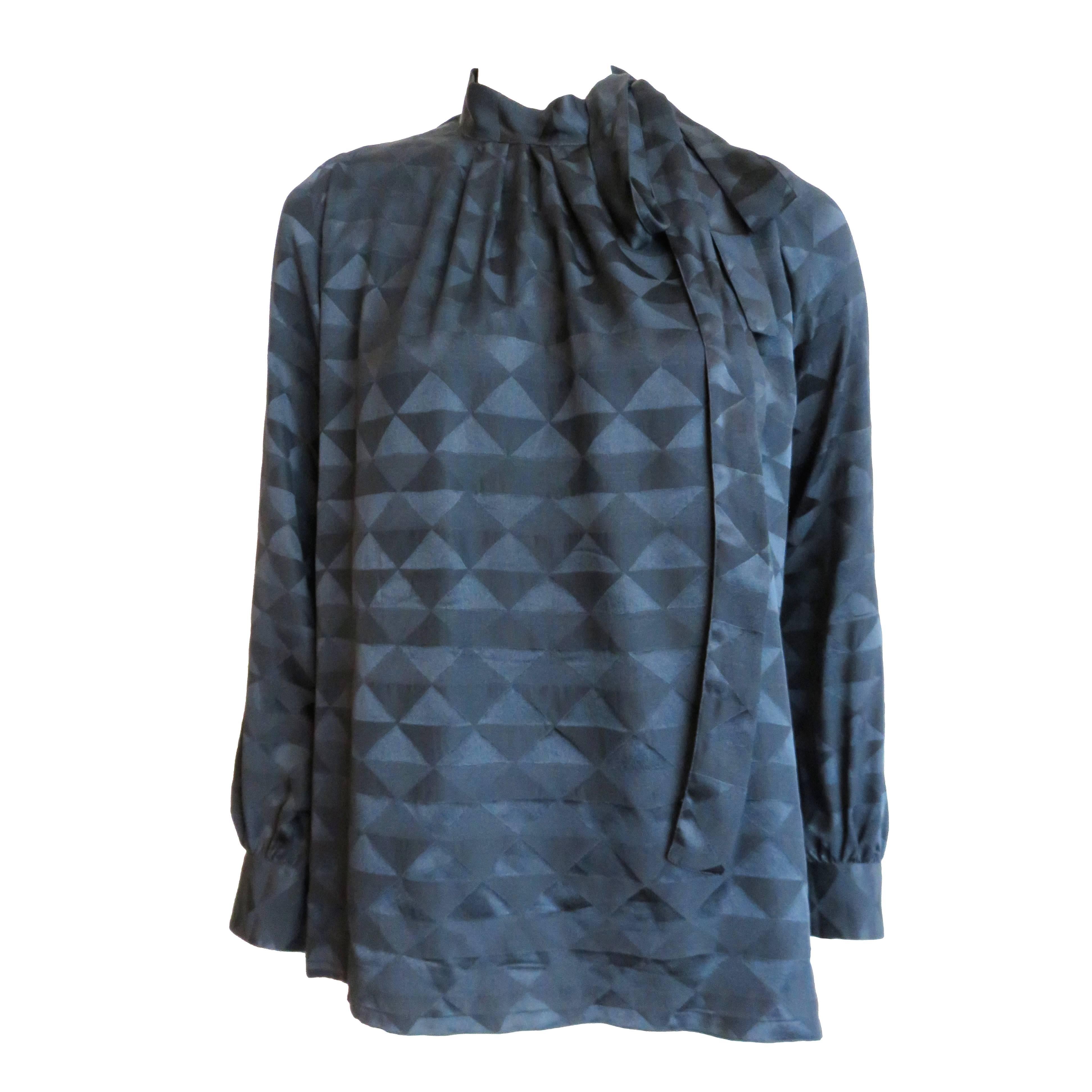 1970's YVES SAINT LAURENT Black silk geometric jacquard blouse top YSL For Sale