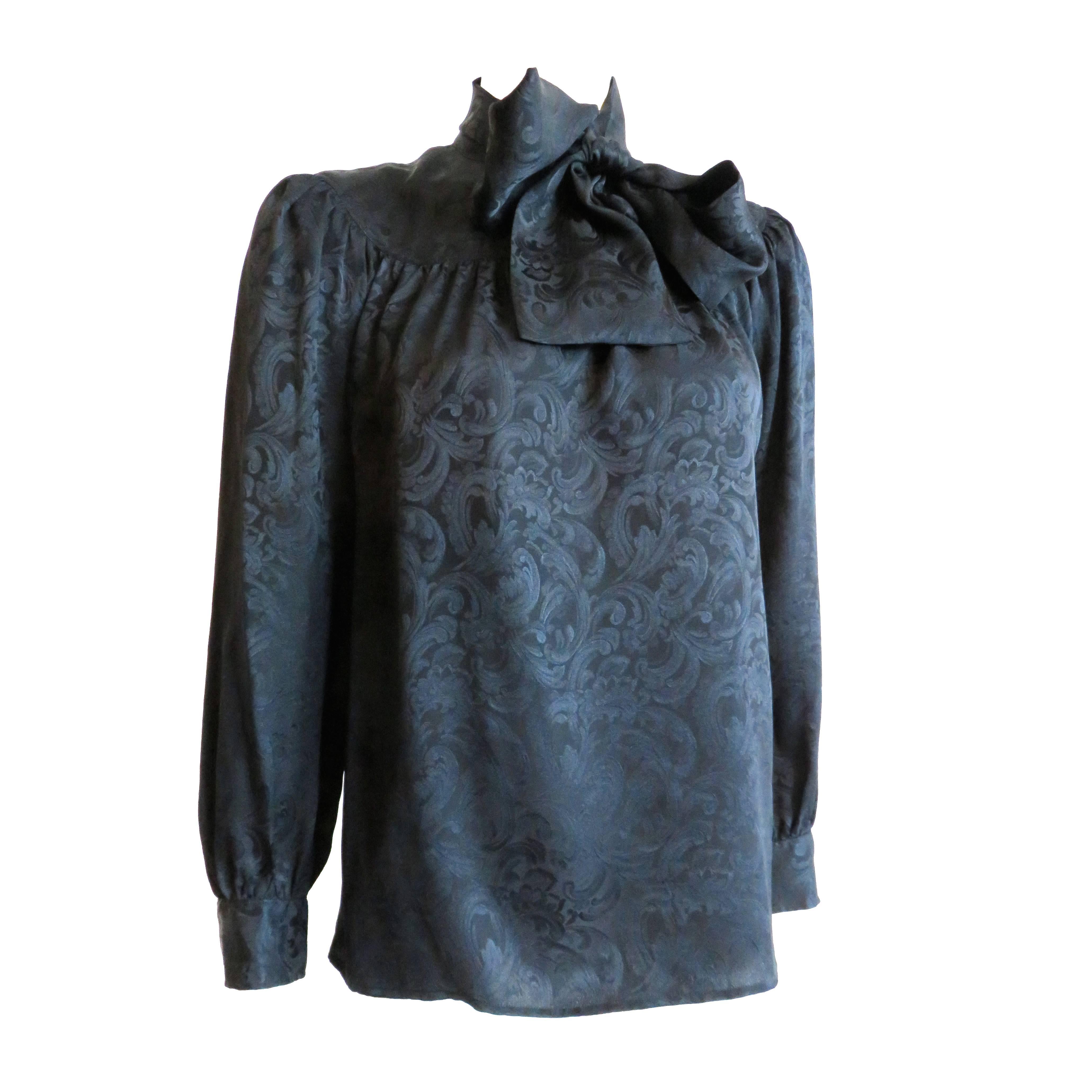 1970's YVES SAINT LAURENT Black silk jacquard blouse top YSL