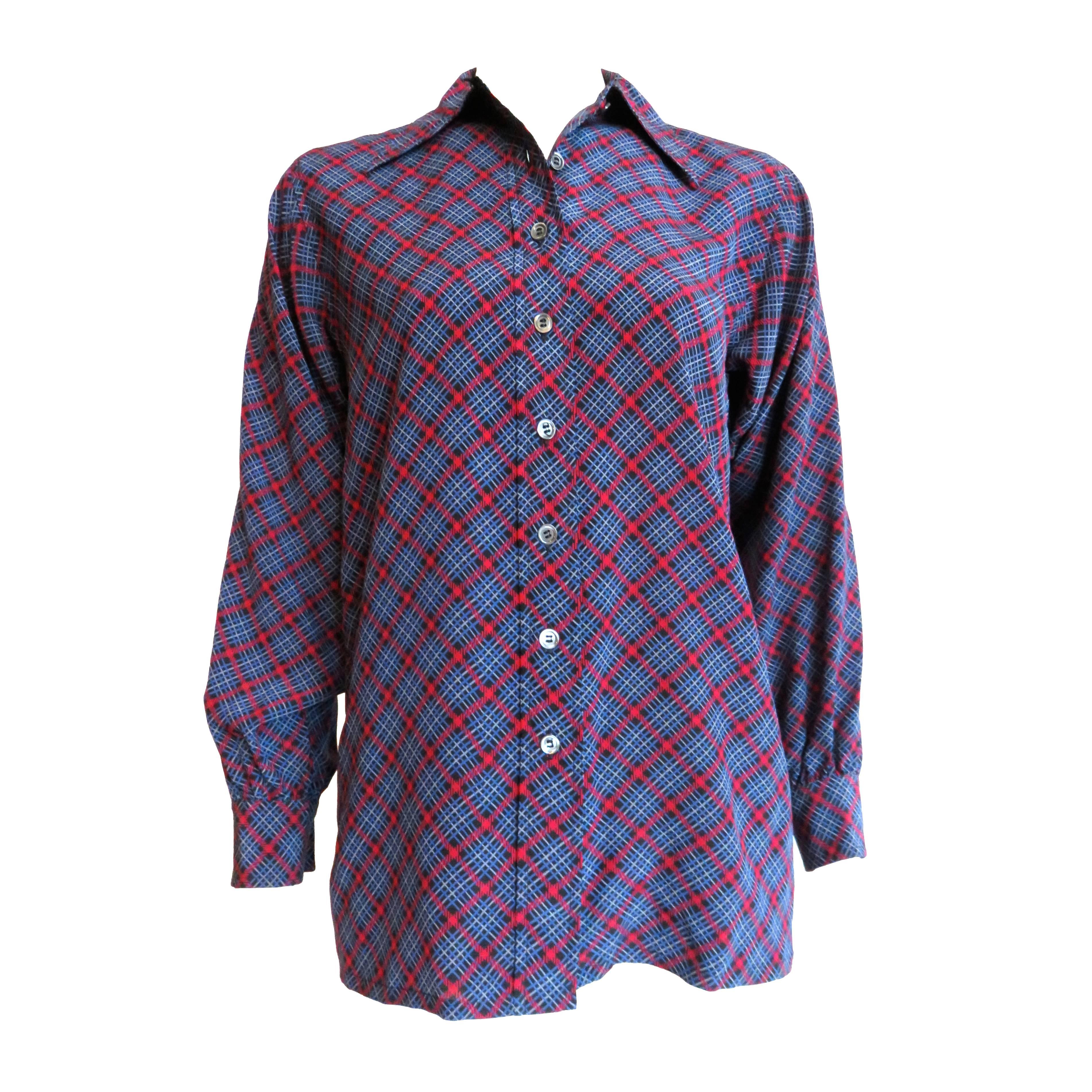 1970's YVES SAINT LAURENT Plaid silk blouse top YSL For Sale
