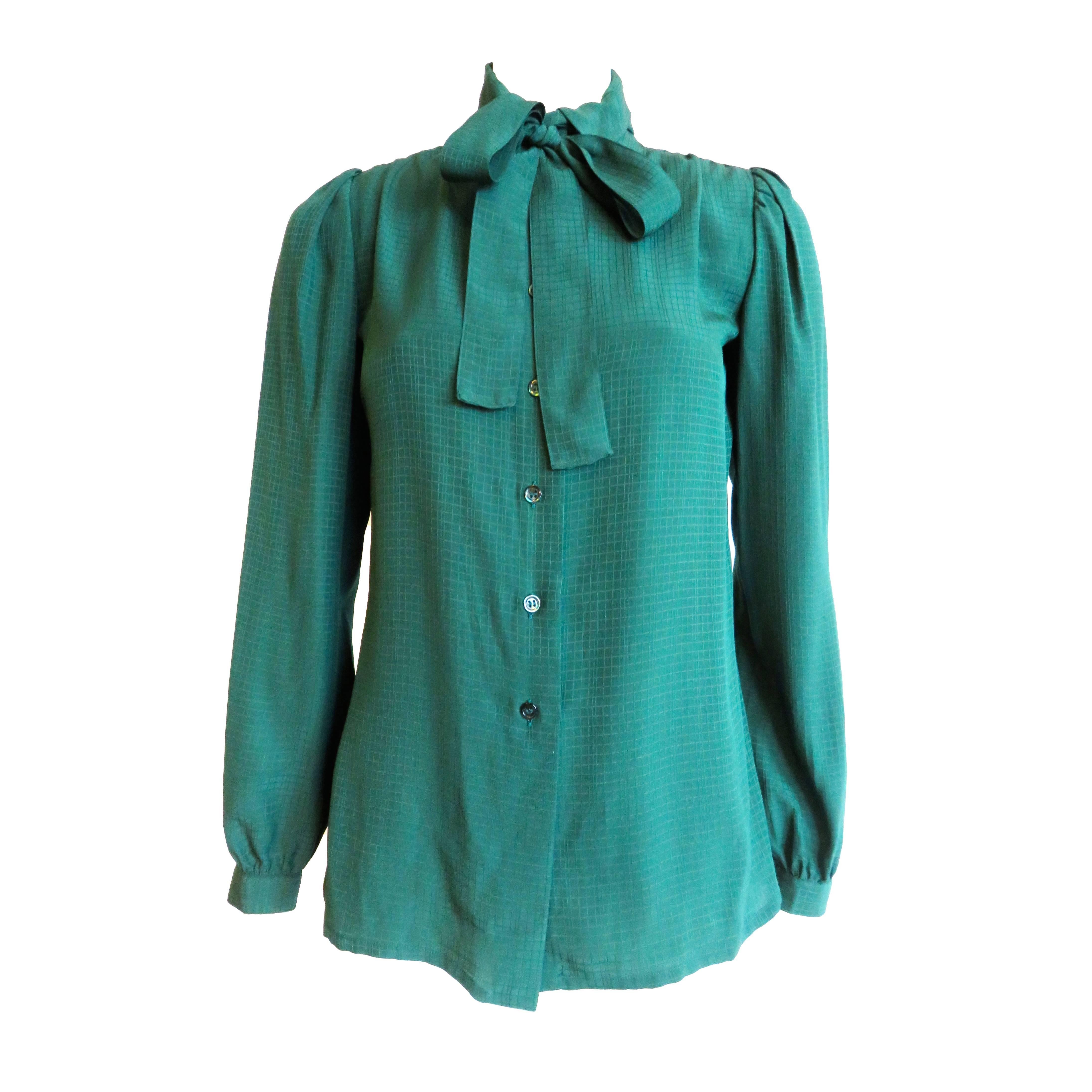 1980's YVES SAINT LAURENT Silk check jacquard blouse top YSL For Sale