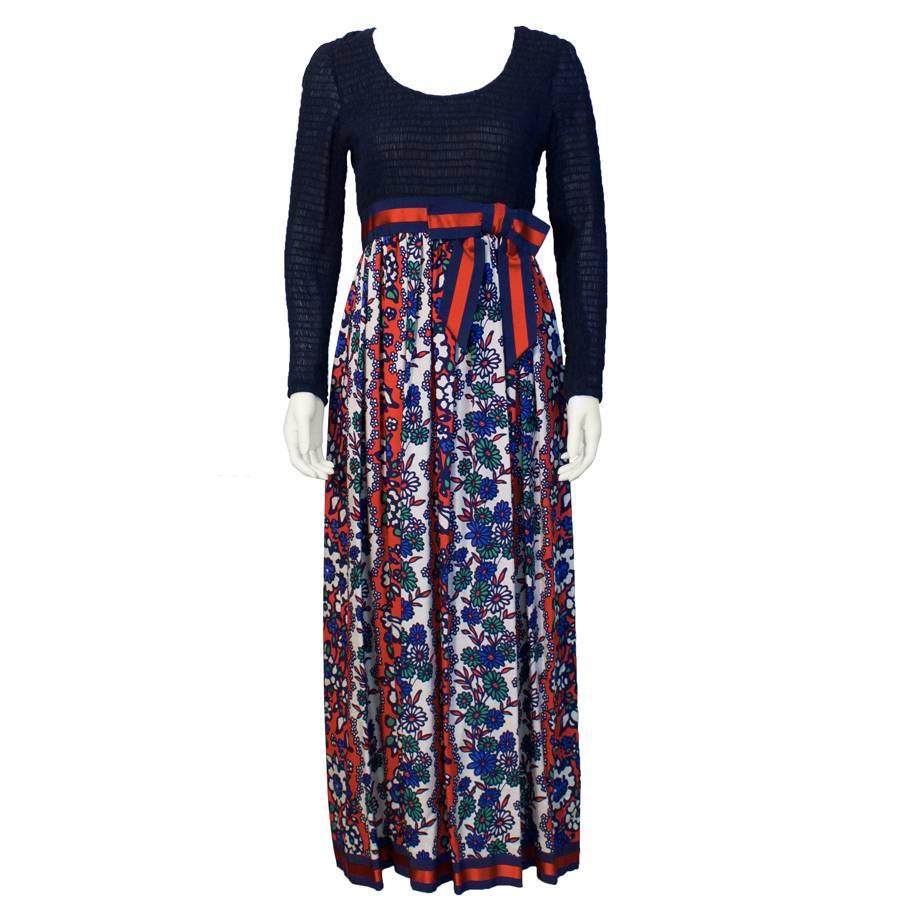 1970's Martha Palm Beach Navy and Red Maxi Dress  For Sale