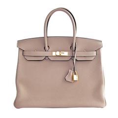 Hermes Gris Tourterelle 35cm Birkin Gold GHW Tote Bag Pretty