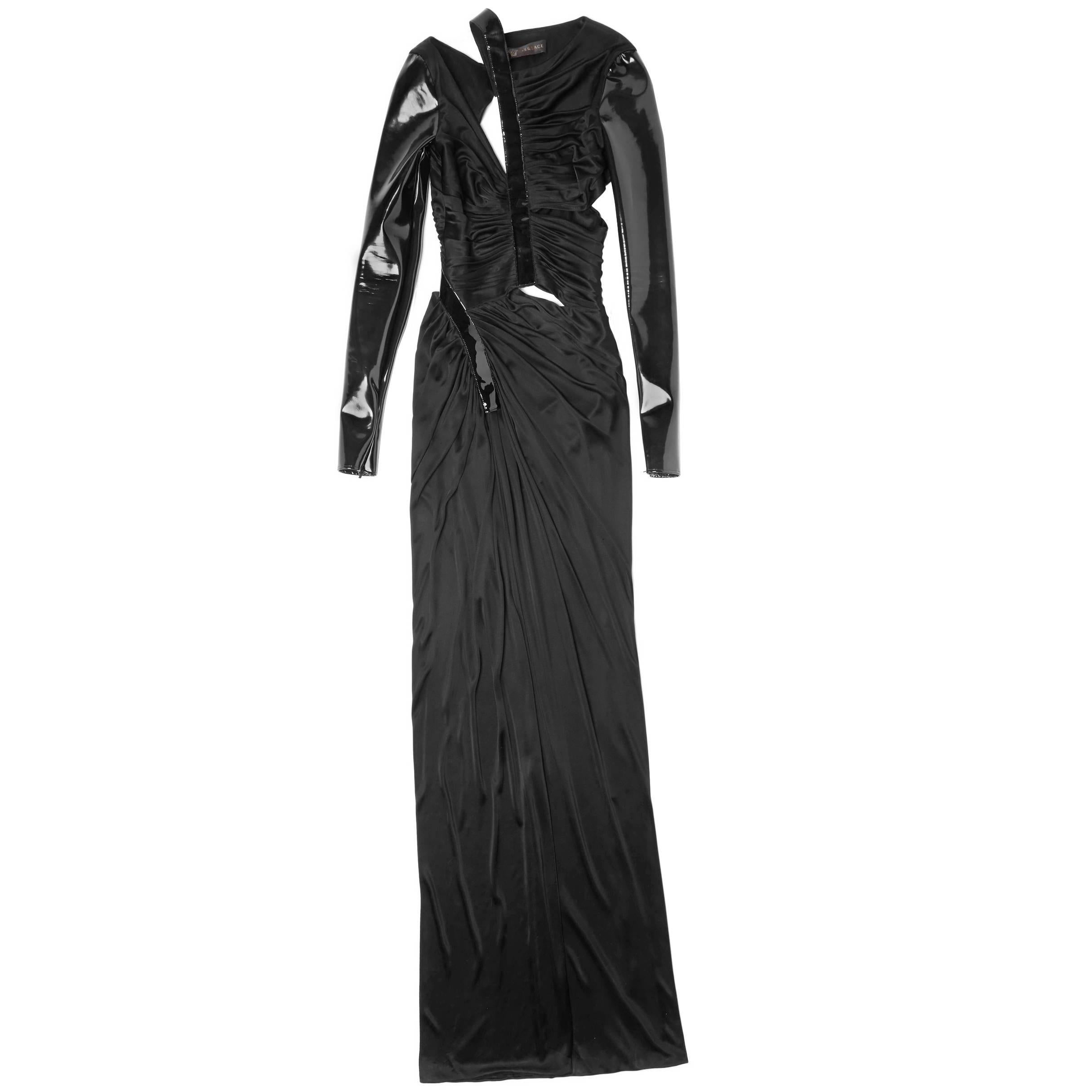New VERSACE Hottest Black Liquid Jersey Gown With Vinyl Sleeves