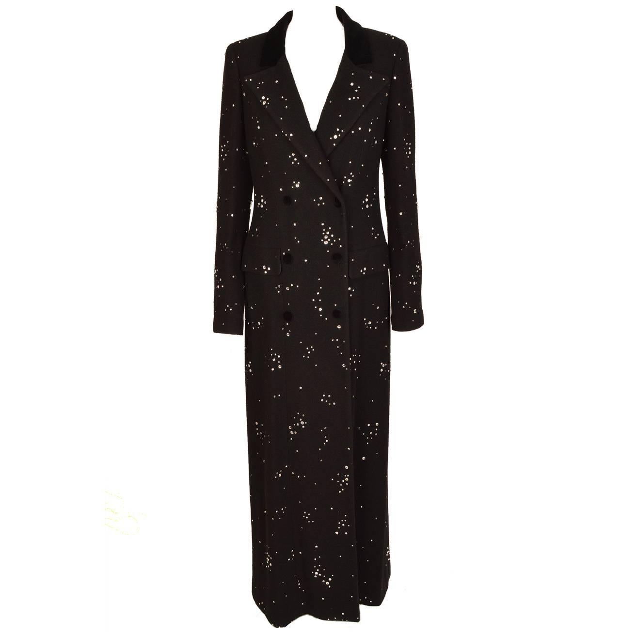 Chanel 2006 Black Wool Long Coat with Crystals For Sale