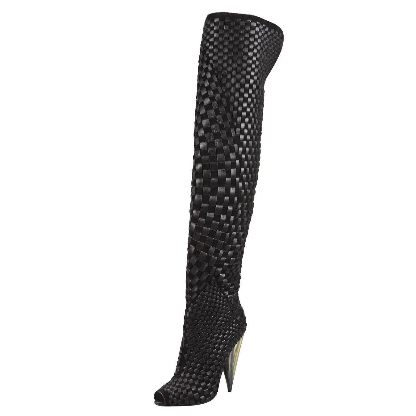 VINTAGE TOM FORD BLACK WOVEN SUEDE/LEATHER OVER-the-KNEE Boot 37.5 - 7.5 For Sale