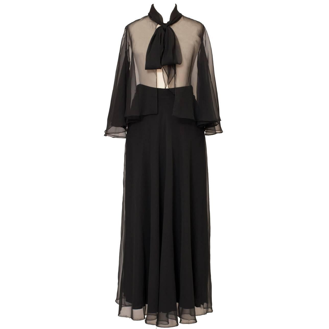Black Sheer Silk Organza Bias Cut Top Skirt Setup 1970's For Sale