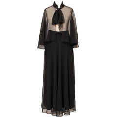 Schwarzes durchsichtiges Seidenorganza-Oberteil mit Schrägschnitt und Rock, 1970er Jahre