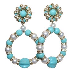 Francoise Montague Glass Pearl and Faux Turquoise Clip Earrings