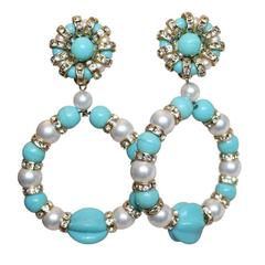 Francoise Montague Glass Pearl and Faux Turquoise Clip Earrings 3