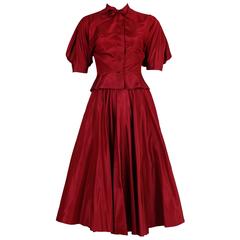 1981 Rare Madame Gres Haute Couture Silk Taffeta Skirt & Blouse Ensemble w/Shoes 6