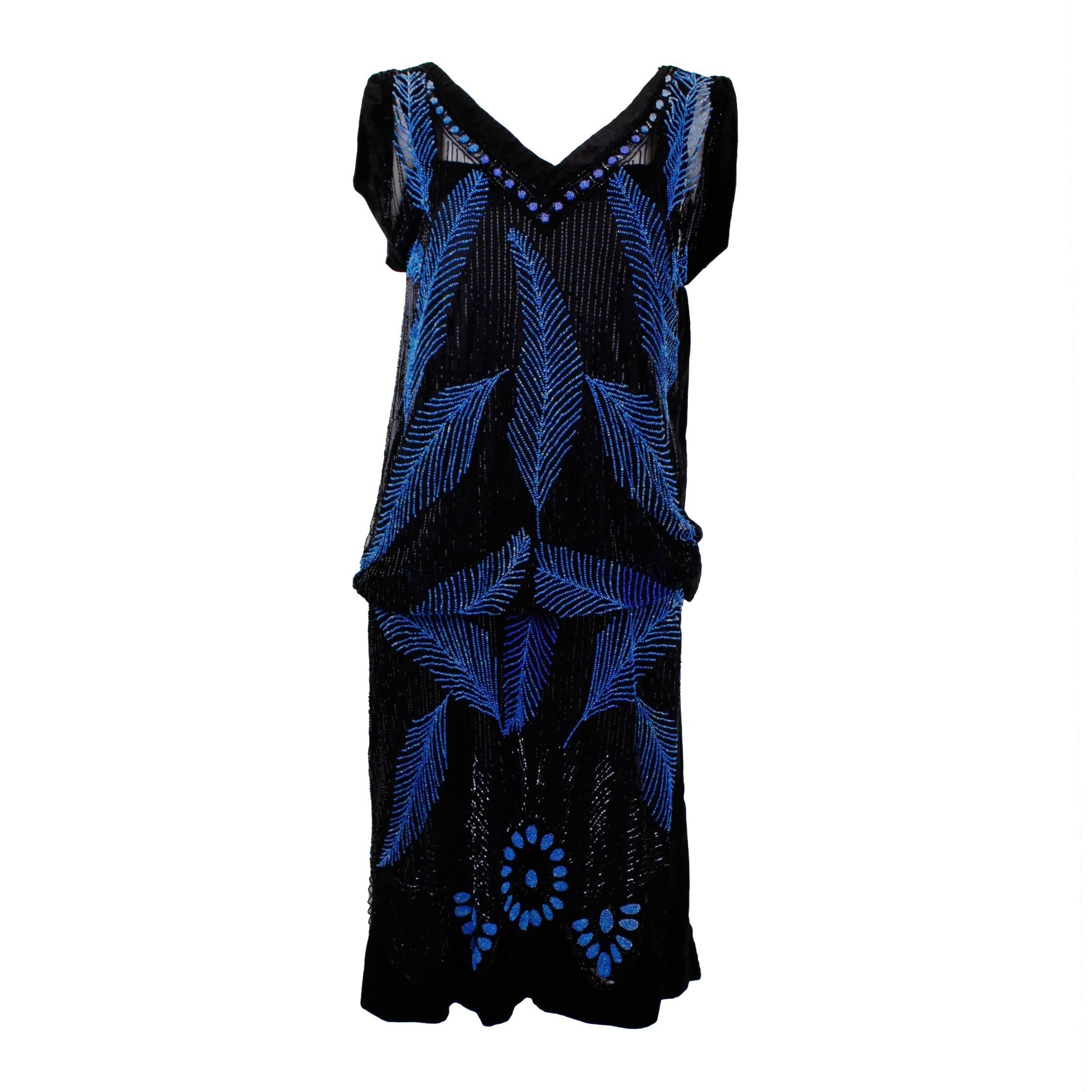 1920s Black Velvet & Blue Beaded Feather Evening Dress