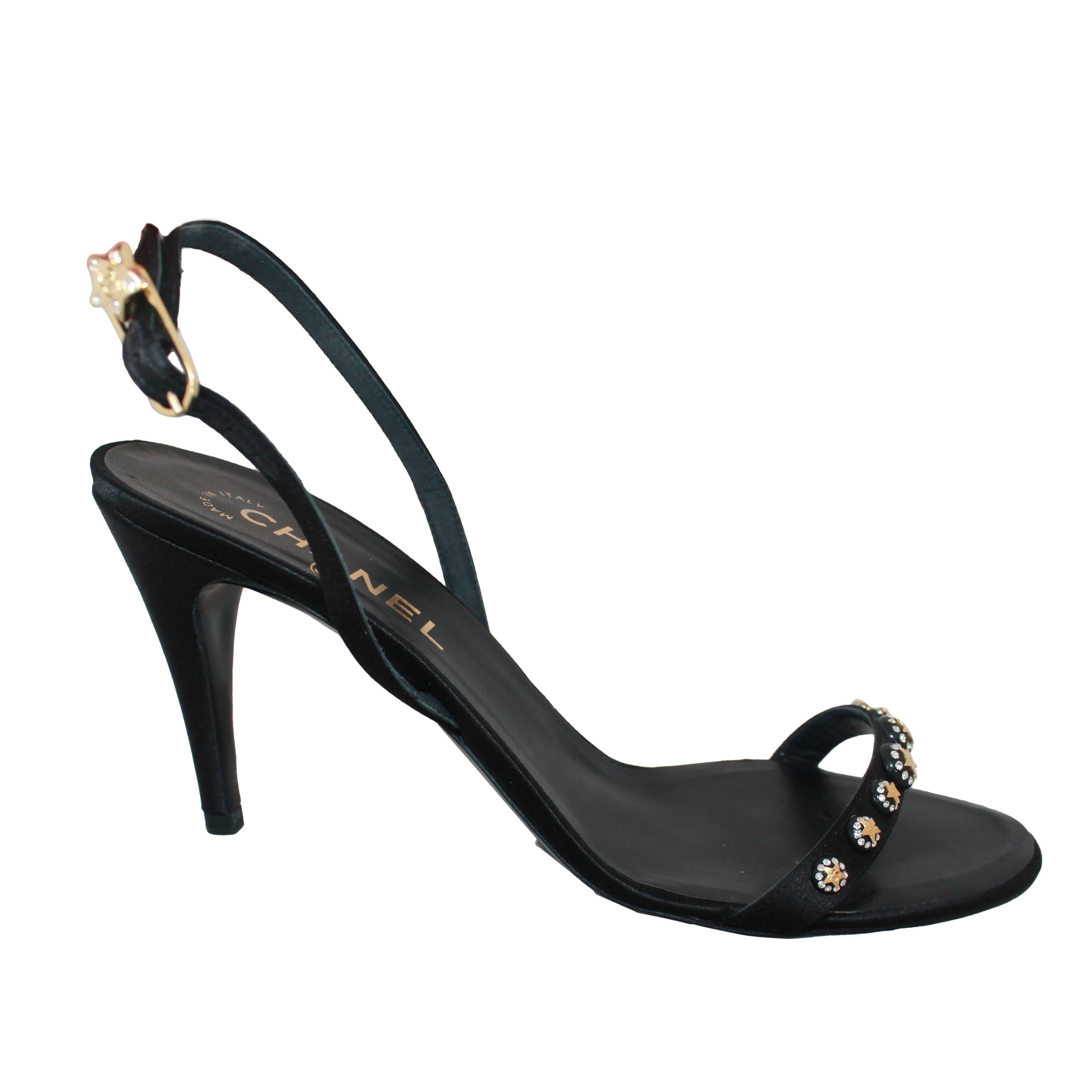 Chanel Black Satin Open-Toe Strappy Sandal Sling Back w/ CC Star Detail -  40 at 1stDibs