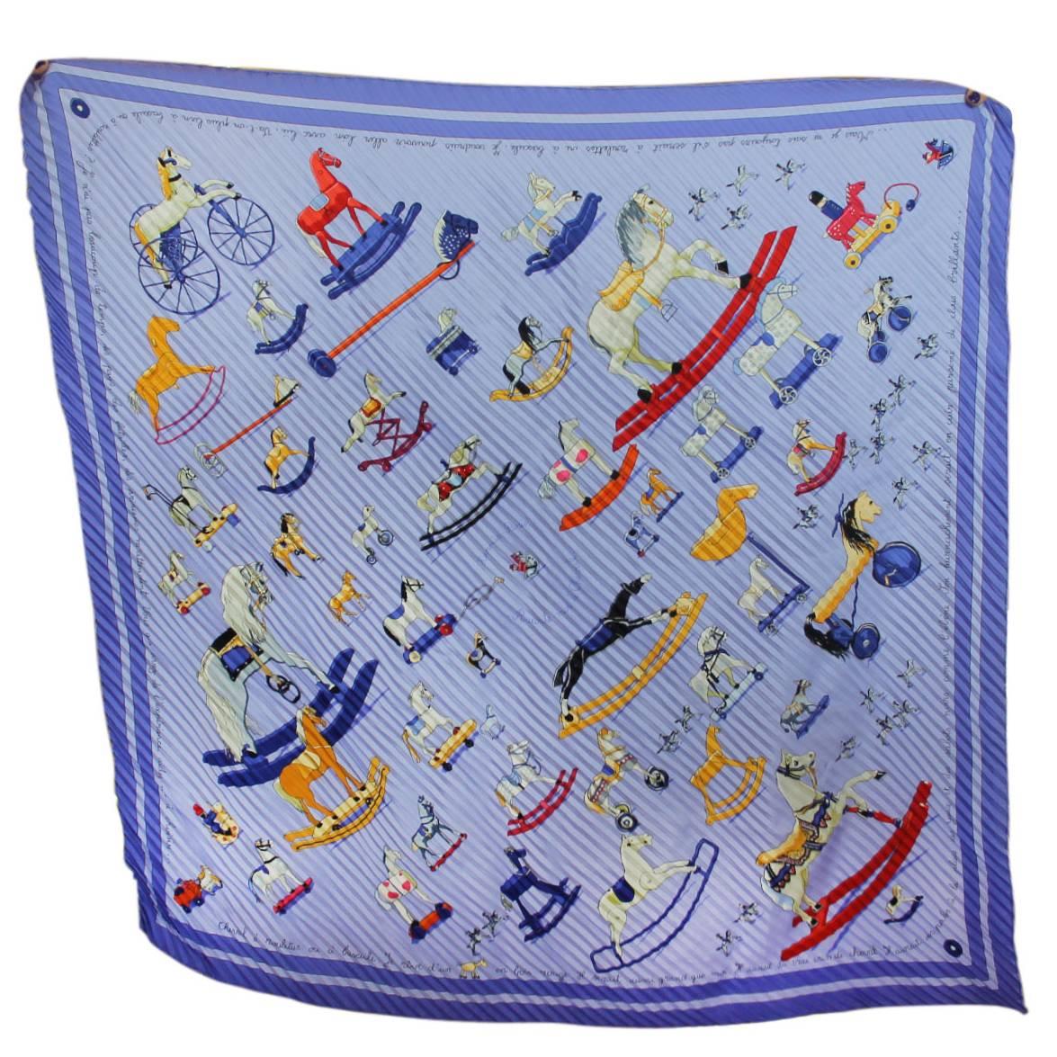 Hermes 100% Silk Pleated Raconte Moi Le Cheval Rocking Horse Scarf