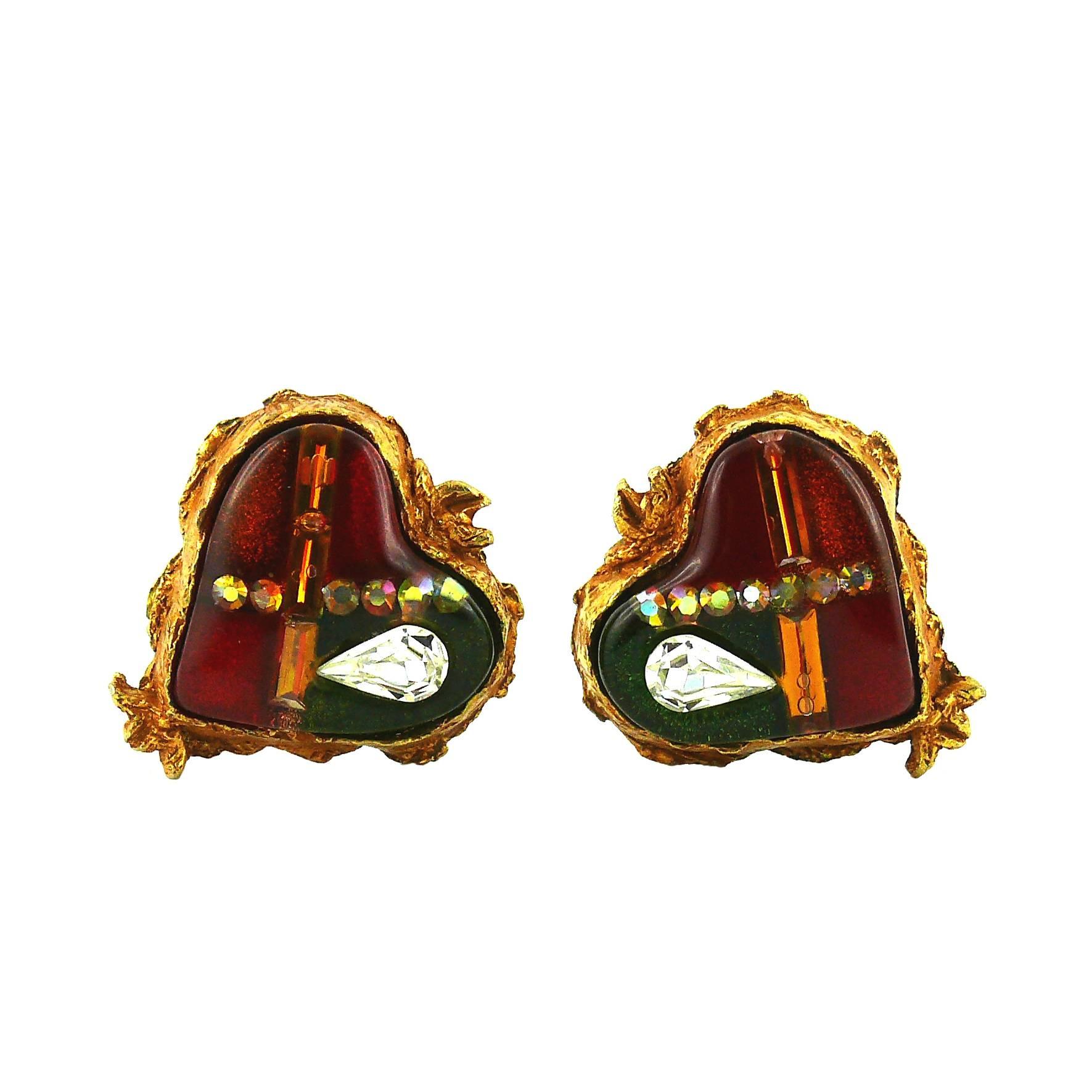 Christian Lacroix Vintage Resin Inlaid Jewelled Heart Clip-On Earrings
