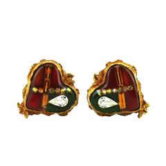 Christian Lacroix Vintage Resin Inlaid Jewelled Heart Clip-On Earrings Christian Lacroix Vintage Resin Inlaid Jewelled Heart Clip-On Earrings