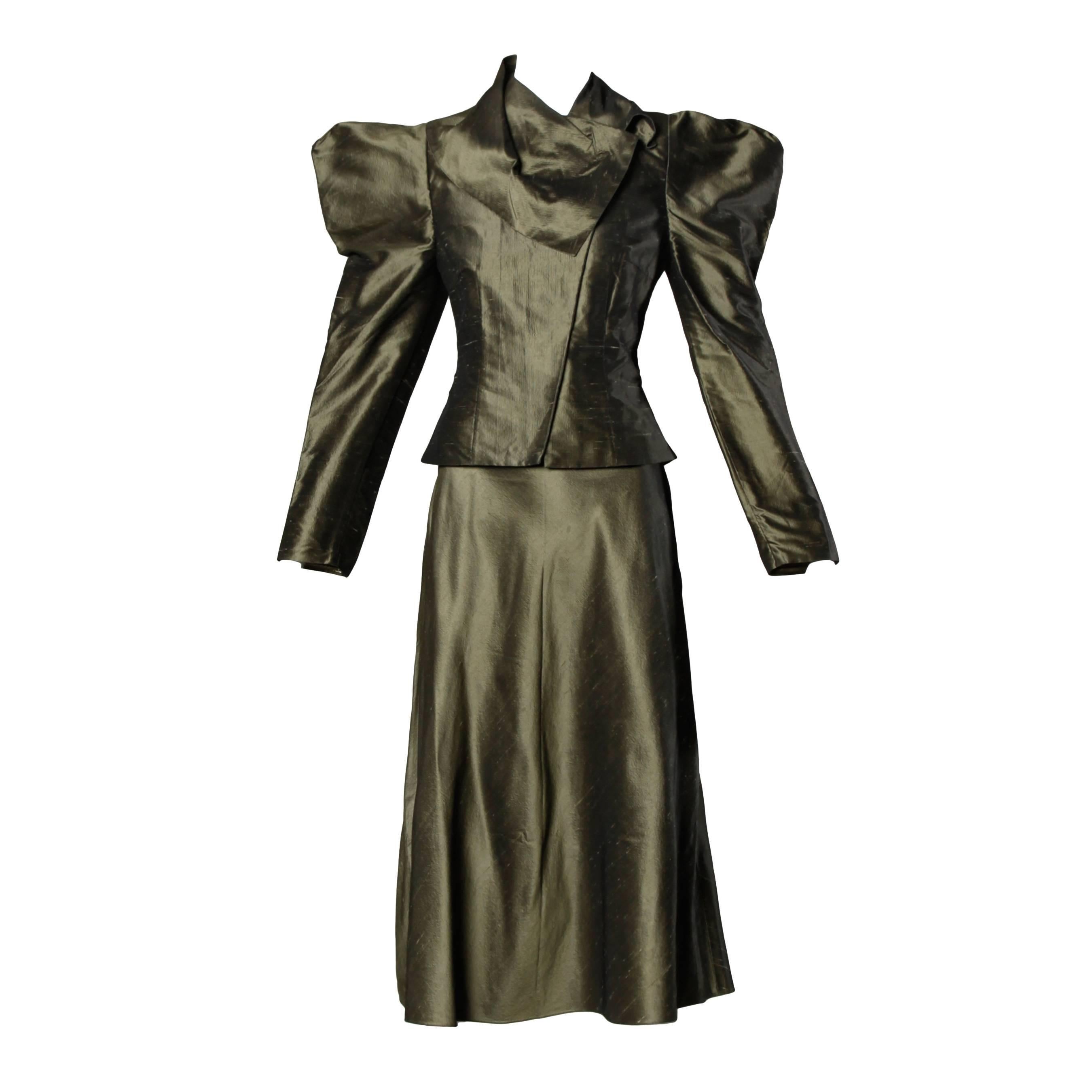 Chloe Avant Garde Olive Green Silk Jacket + Skirt Suit Ensemble