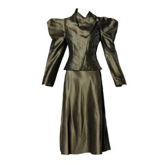 Chloe Avant Garde Olive Green Silk Jacket + Skirt Suit Ensemble