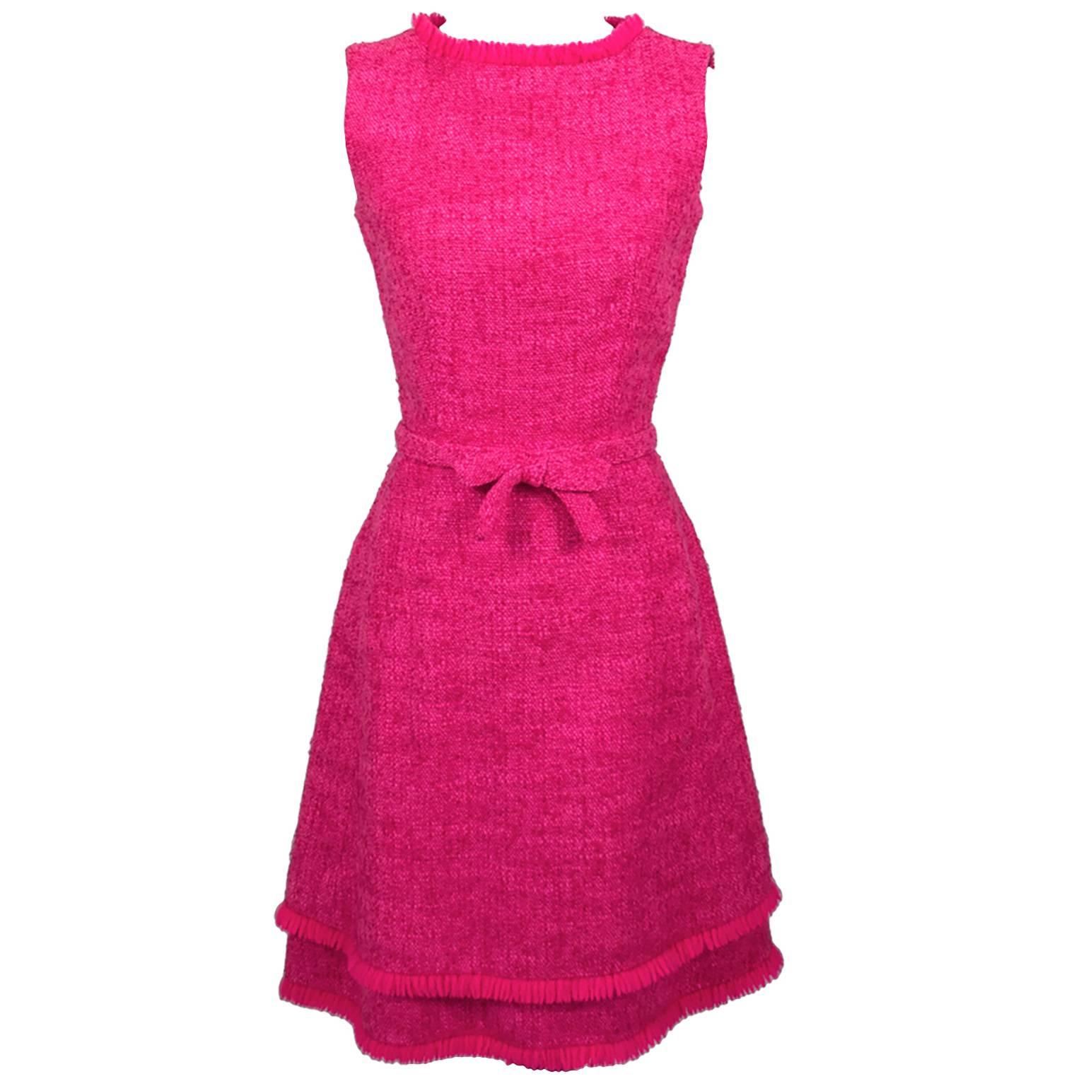 Lanz Original Vintage Dress 1960s Hot Pink Tweed Sleeveless Fringe