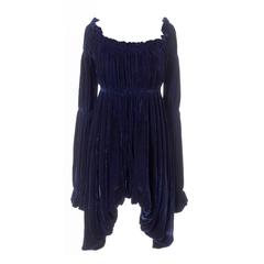 Vintage Norma Kamali 80s Avant Garde Blue Velvet Dress Poet Sleeves 