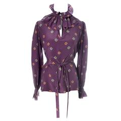 YSL Vintage Silk Blouse Ruffle Bow Sash Yves Saint Laurent Rive Gauche 1970s 10