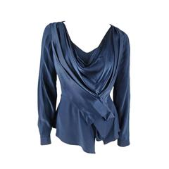 OSCAR DE LA RENTA Size 6 Navy Silk Long Sleeved Draped Blouse