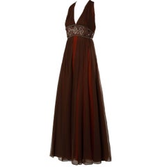 1970s Jack Bryan Vintage Brown Beaded Chiffon Gown with Plunging Neckline