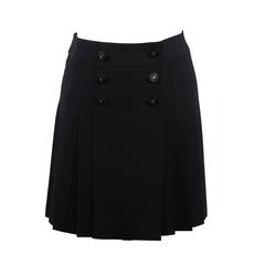 CHANEL BOUTIQUE Vintage Black Wool PLEATED MINI SKIRT w/CC LOGO Buttons 38 FR