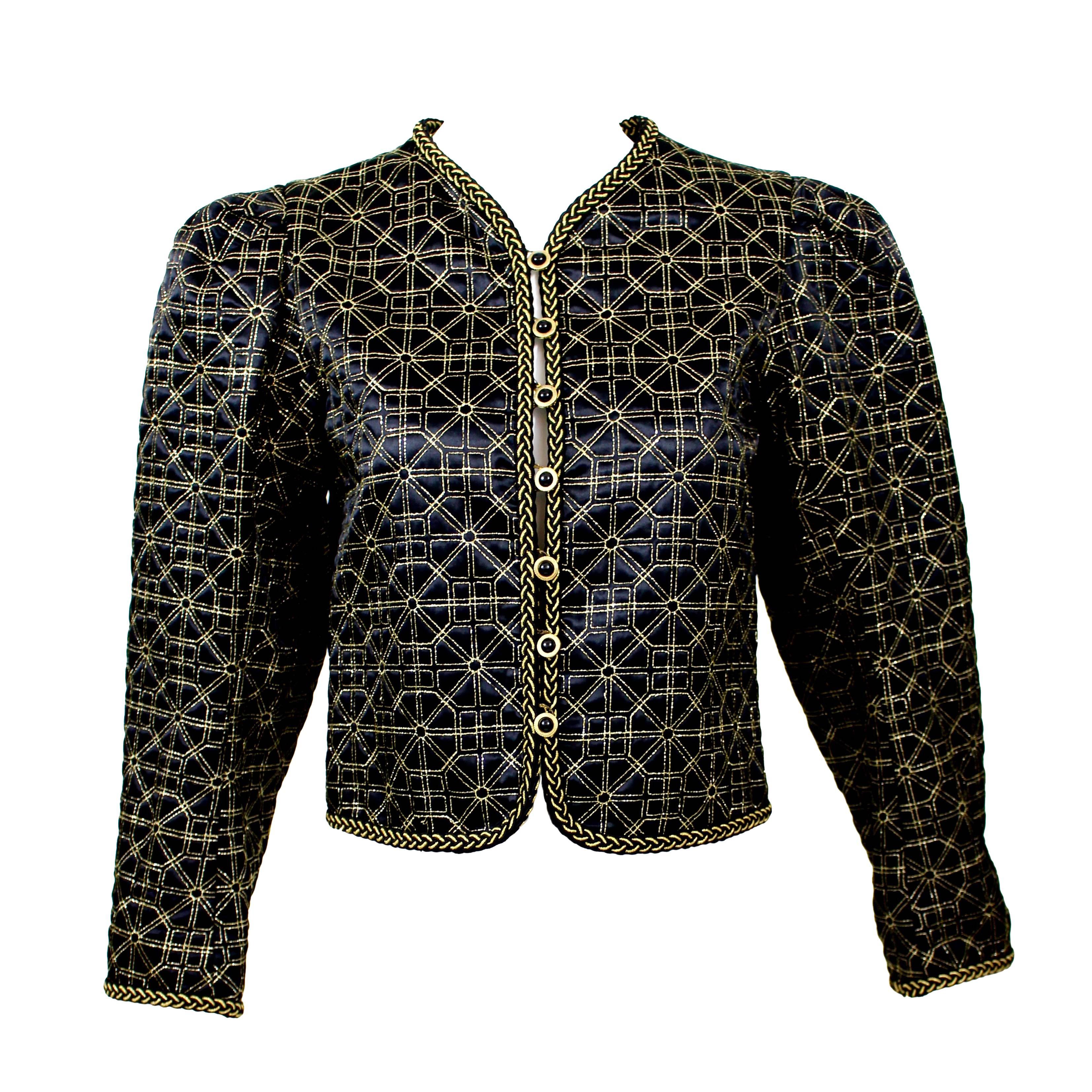  1970s Yves Saint Laurent  Russian Collection Jacket Black Satin Gold Trim