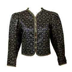 Vintage  1970s Yves Saint Laurent  Russian Collection Jacket Black Satin Gold Trim