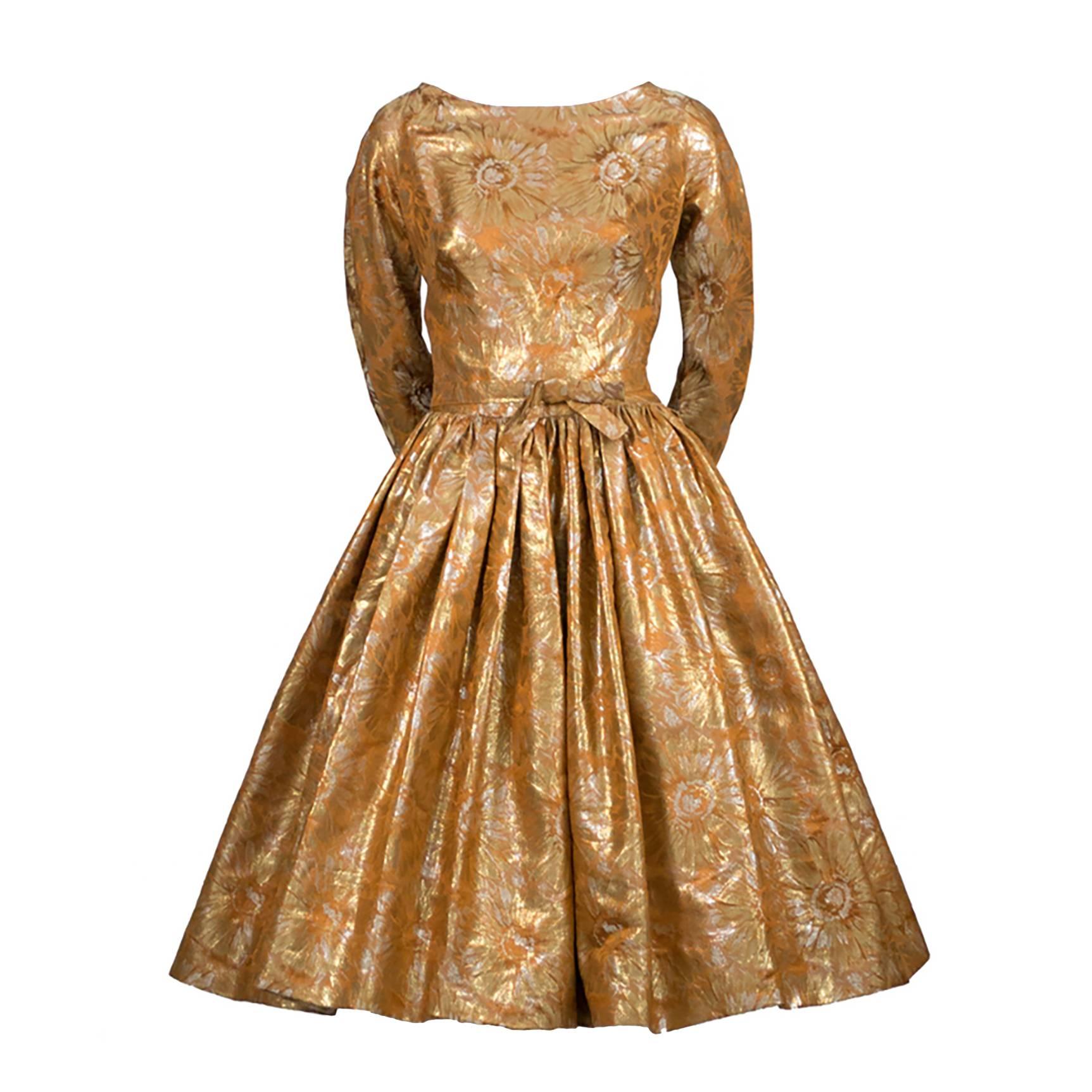 1950s William Pearson Vintage Dress Floral Metallic Gold Lame Brocade Full Skirt