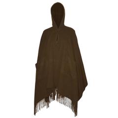 Vintage Hermes 100% Cashmere Fringe Hooded Cape w/ Leather Belt Brass Hook