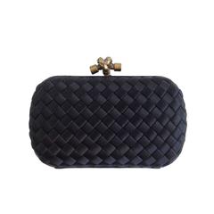 Bottega Veneta Black Satin Intrecciato Knot Clutch