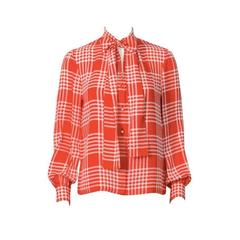 1970's Adolfo Red and White Check Silk Shirt with Tie 