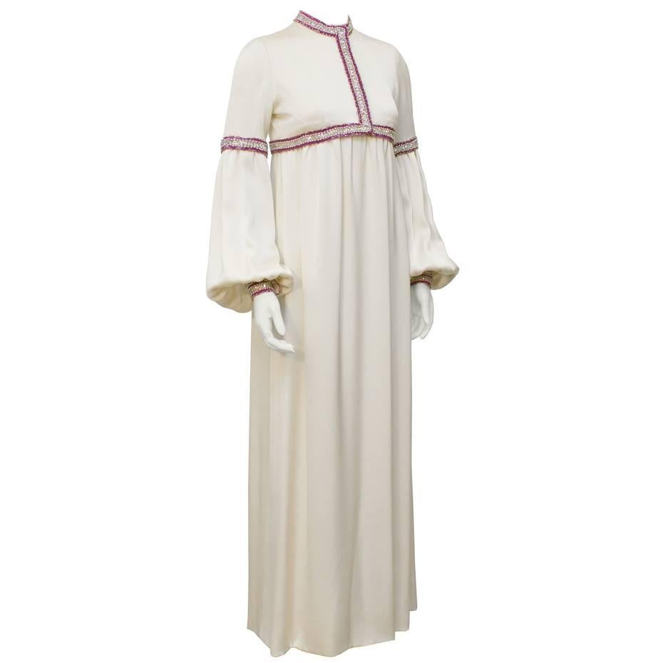 1970's Guy Laroche Haute Couture Cream Silk Beaded Gown For Sale