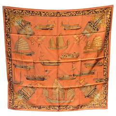 Hermes Jonques Et Sampans Silk Scarf In Orange