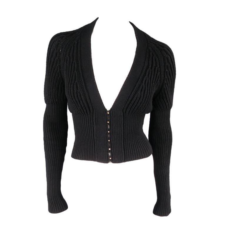 GUCCI Size XS Black Lana Wool Knit Juliet Sleeve Cropped Corset Cardigan