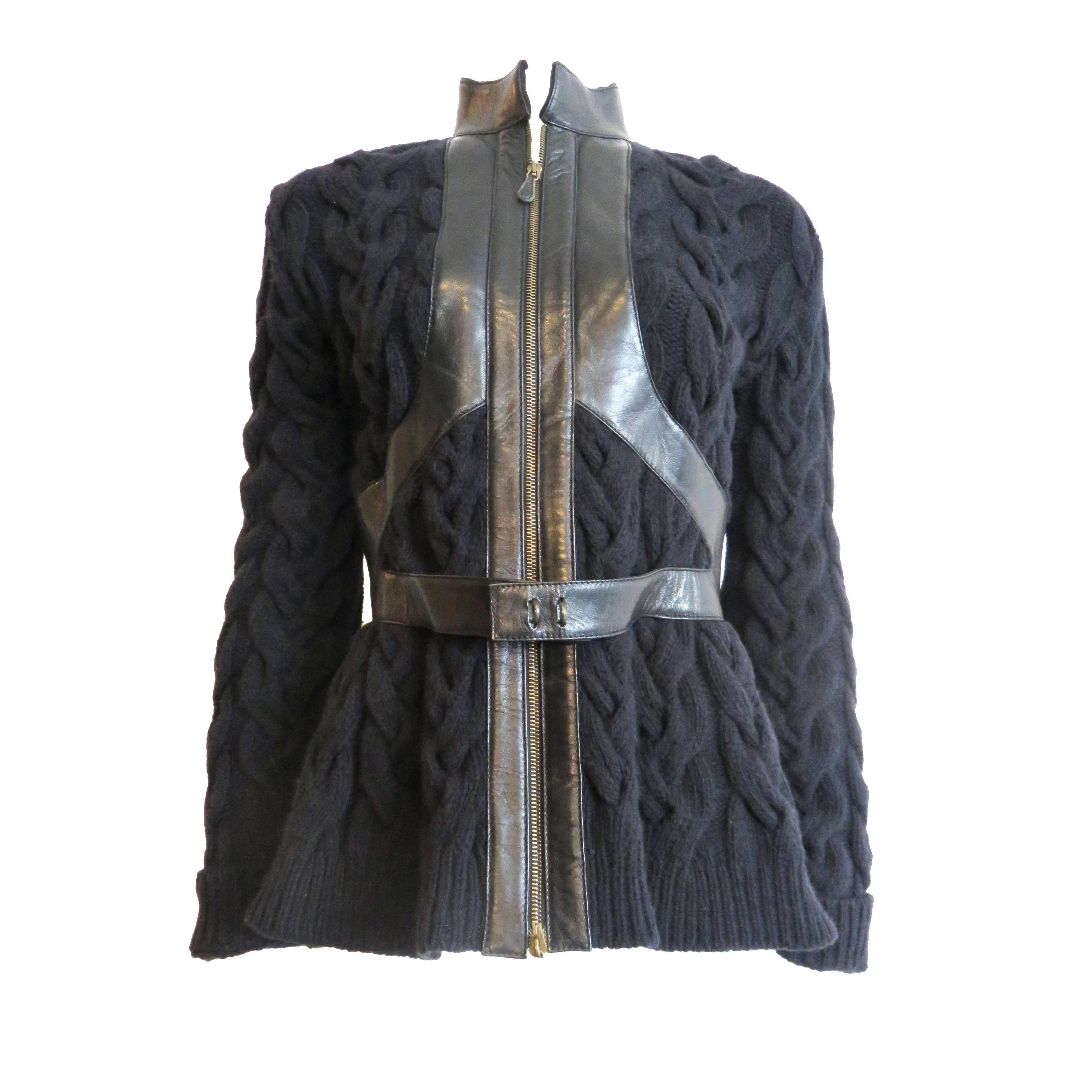 Pre-death ALEXANDER McQUEEN Leather harness detail cable sweater jacket
