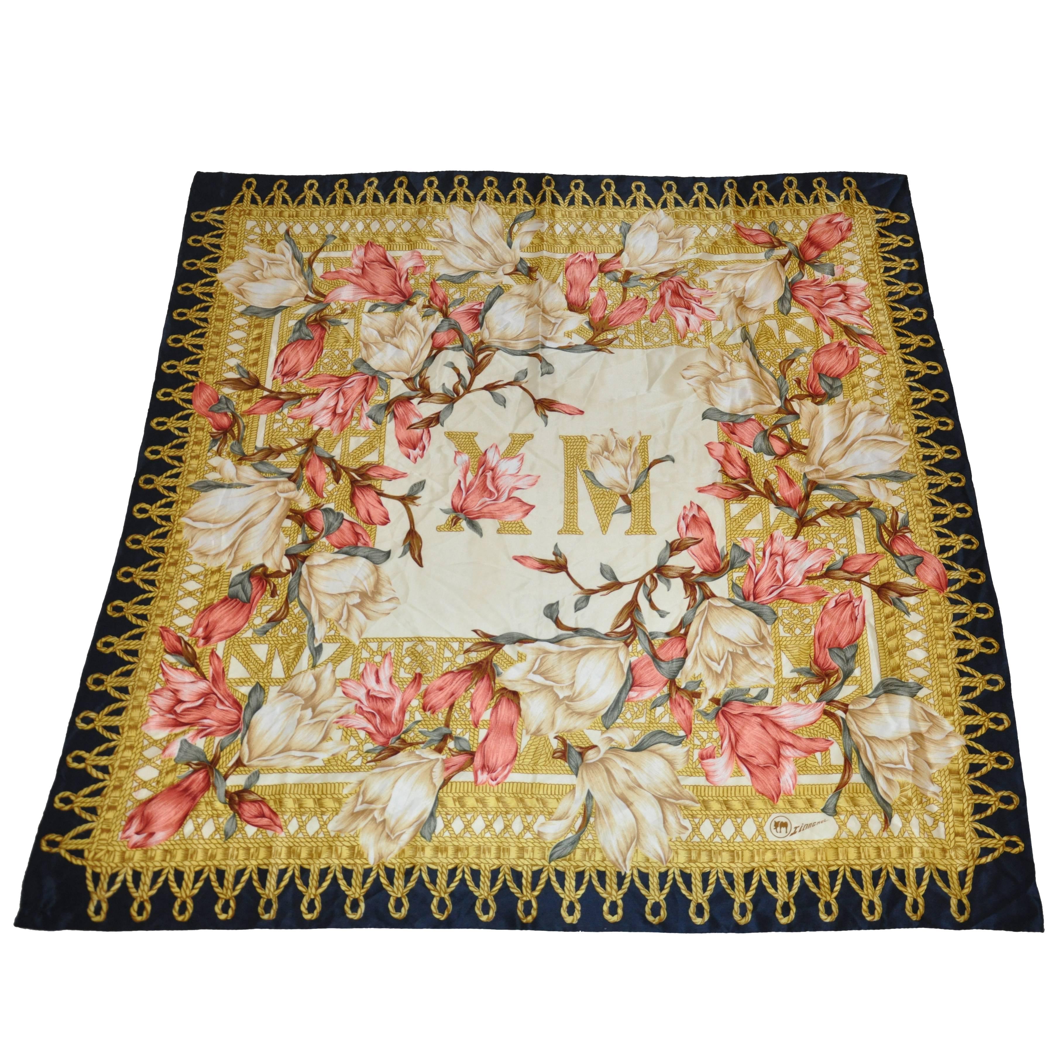 Iinngmel Large Floral Print Silk Scarf For Sale