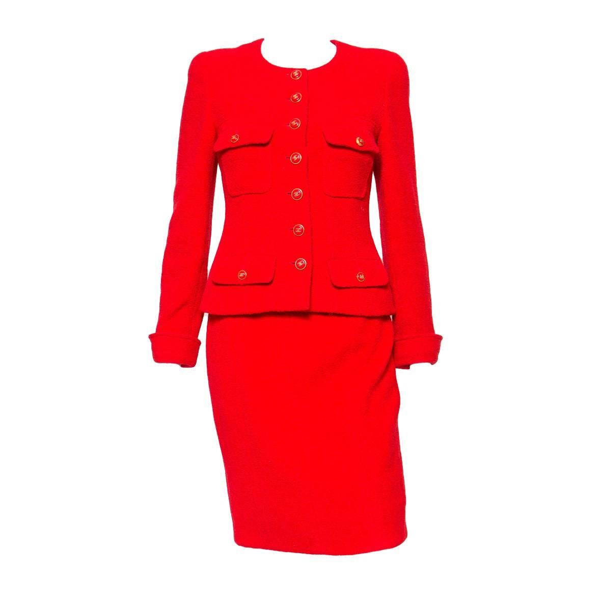 1990s Chanel Iconic Red Boucle Skirt Suit