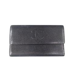 CHANEL Black Pebbled Leather Logo Flap Wallet Clutch Handbag