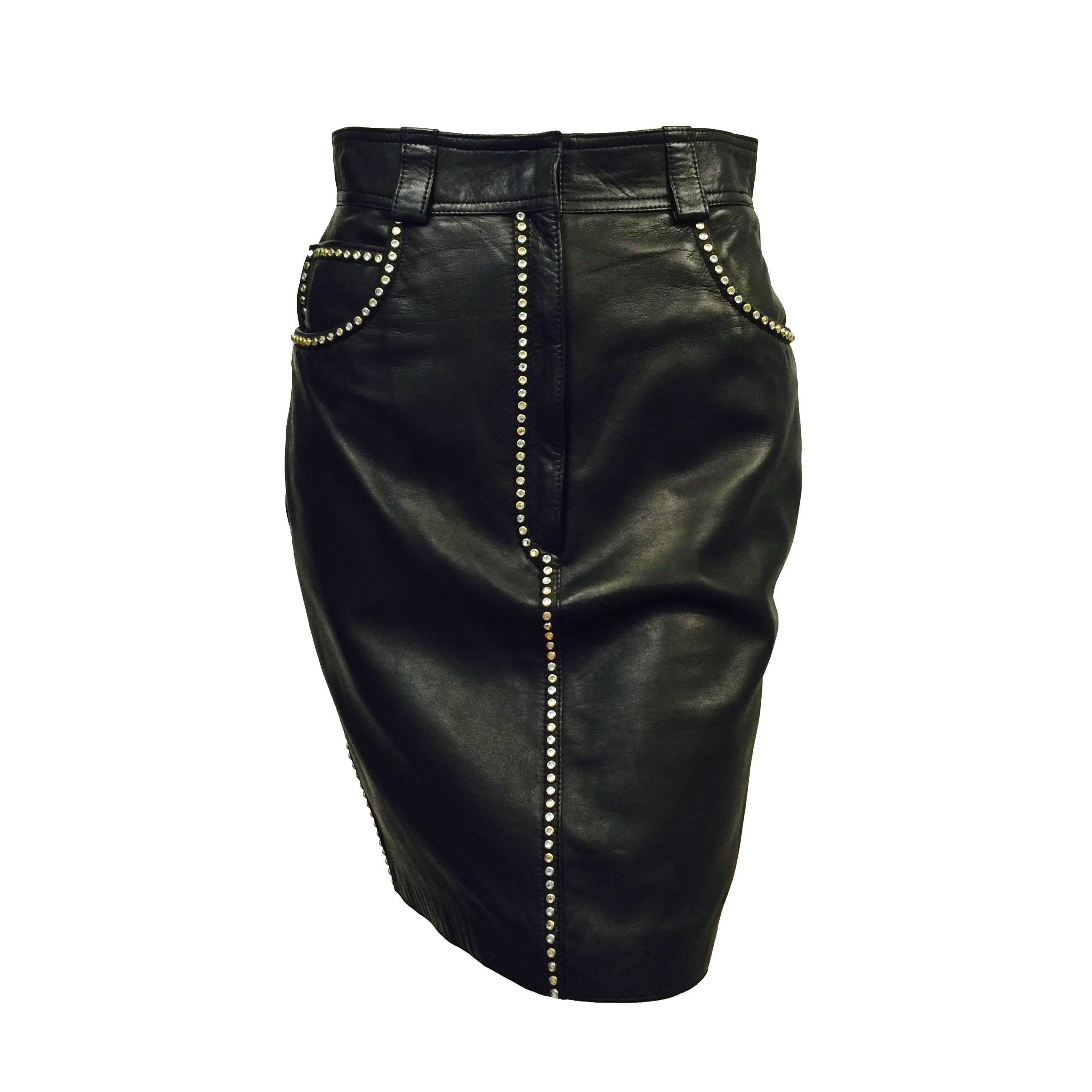 1990s Gianni Versace Studded Lambskin Straight 5-Pocket Skirt 