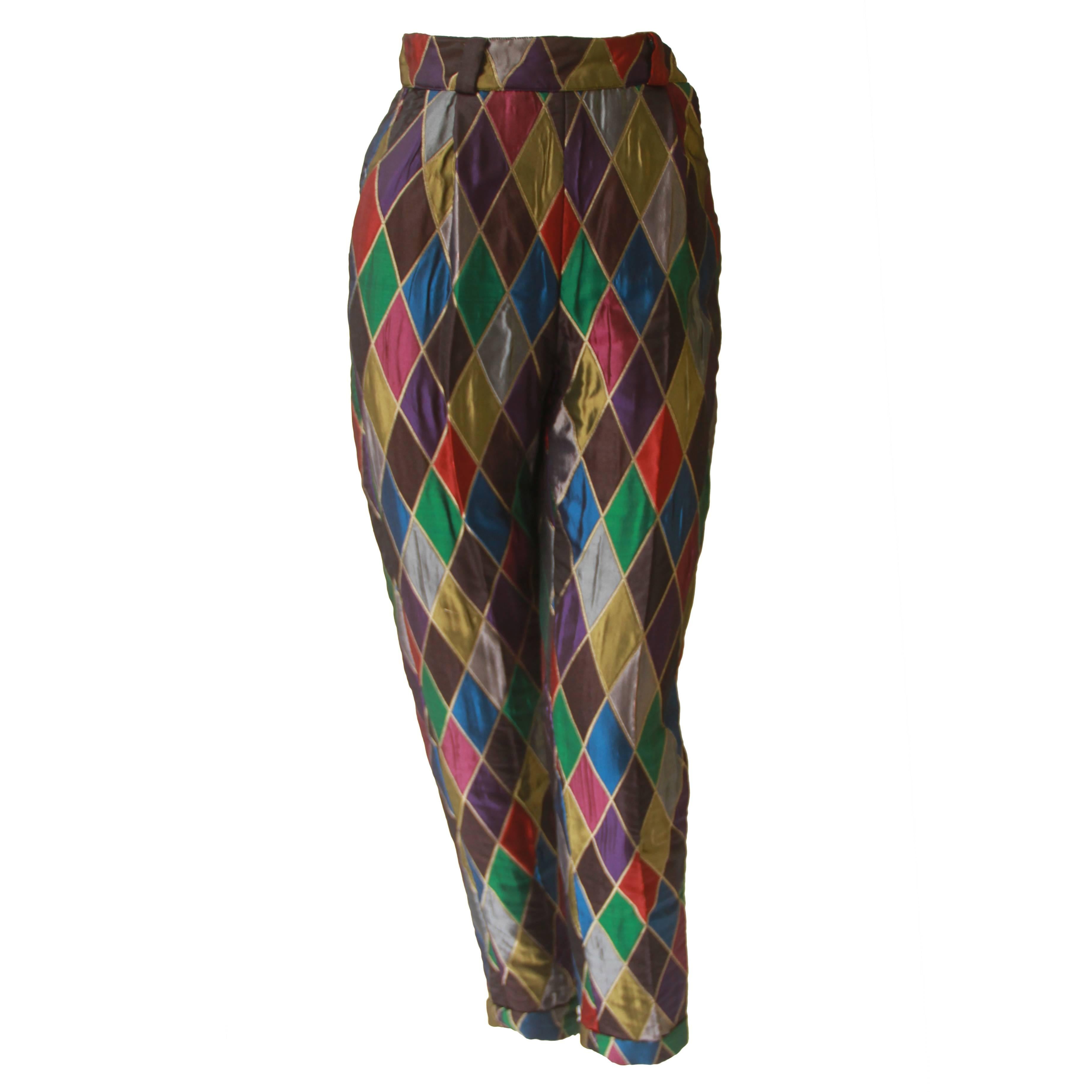 Rare Atelier Versace Quilted Silk Harlequin Printed Pants Fall 1990 For Sale