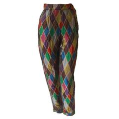 Rare Atelier Versace Quilted Silk Harlequin Printed Pants Fall 1990